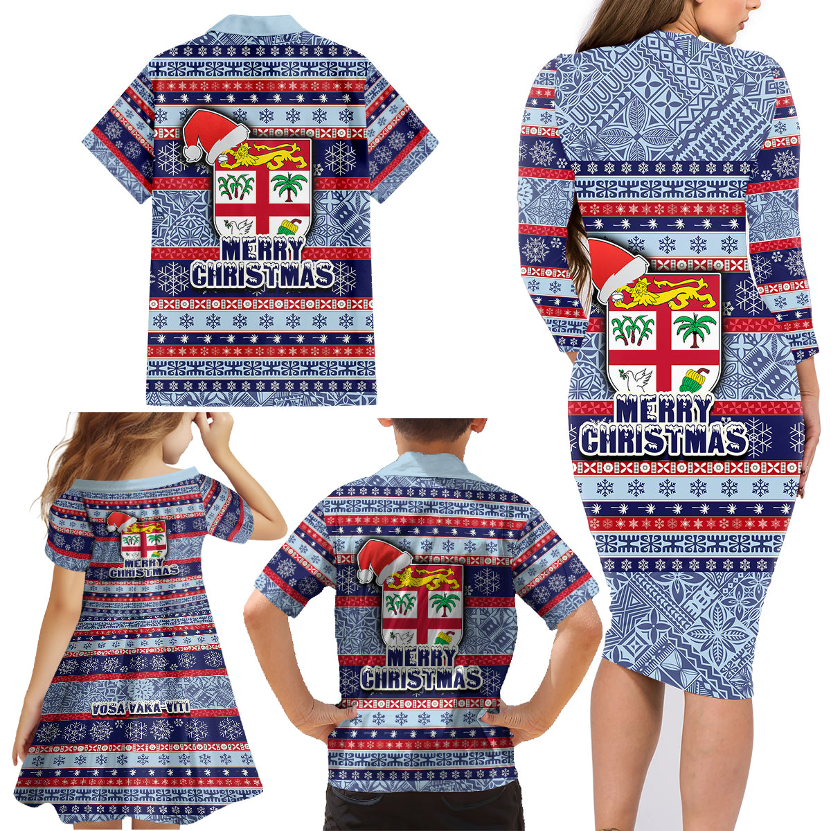 Fiji Christmas Family Matching Long Sleeve Bodycon Dress and Hawaiian Shirt Fijian Santa and Coat of Arms Mix Tapa Pattern Striped Style LT03 - Polynesian Pride