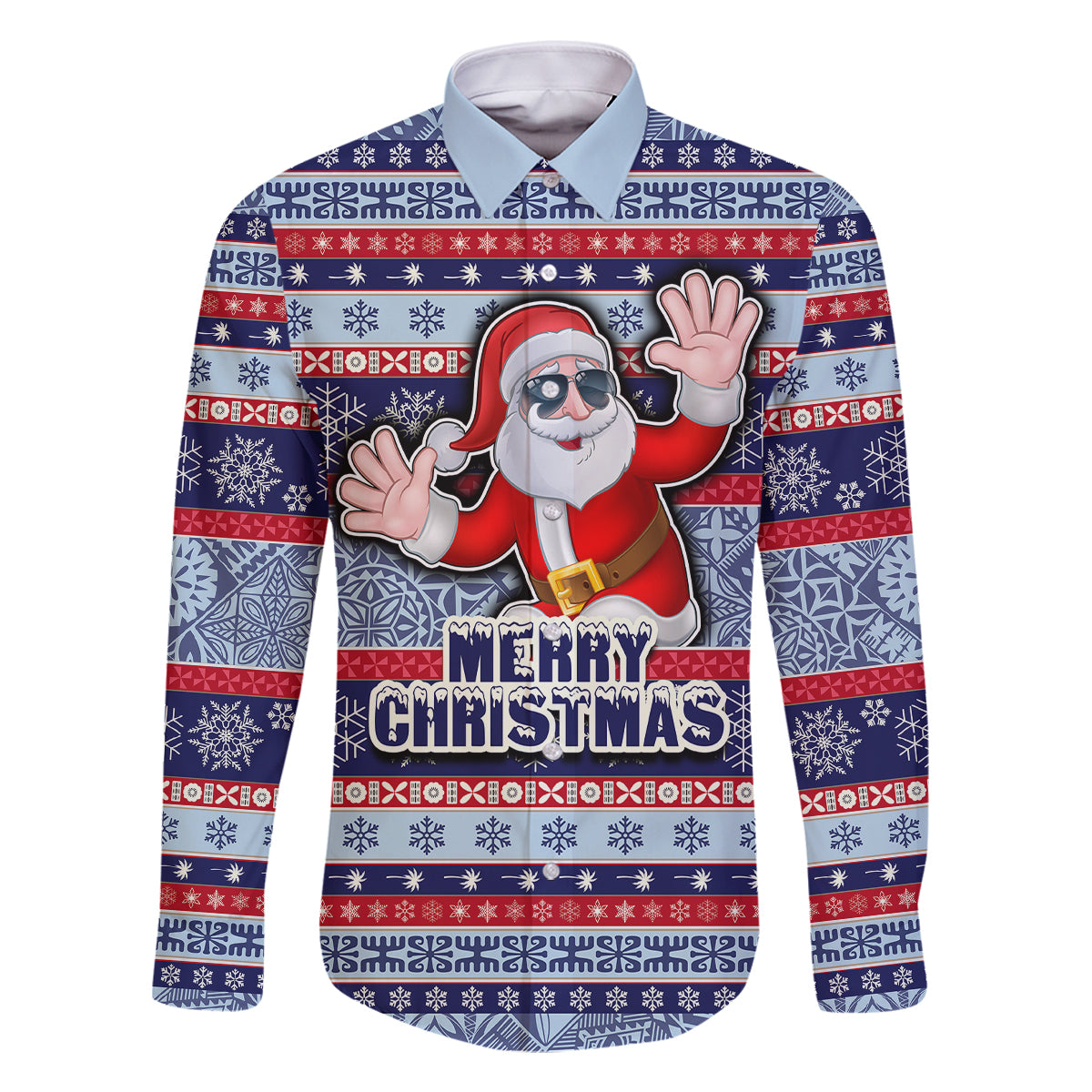 Fiji Christmas Family Matching Long Sleeve Bodycon Dress and Hawaiian Shirt Fijian Santa and Coat of Arms Mix Tapa Pattern Striped Style LT03 Dad's Shirt - Long Sleeve Blue - Polynesian Pride