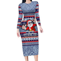 Fiji Christmas Family Matching Long Sleeve Bodycon Dress and Hawaiian Shirt Fijian Santa and Coat of Arms Mix Tapa Pattern Striped Style LT03 Mom's Dress Blue - Polynesian Pride