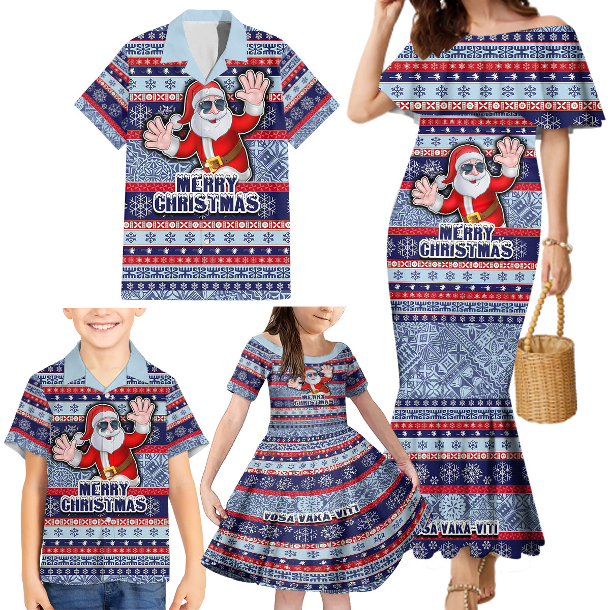 Fiji Christmas Family Matching Mermaid Dress and Hawaiian Shirt Fijian Santa and Coat of Arms Mix Tapa Pattern Striped Style LT03 - Polynesian Pride