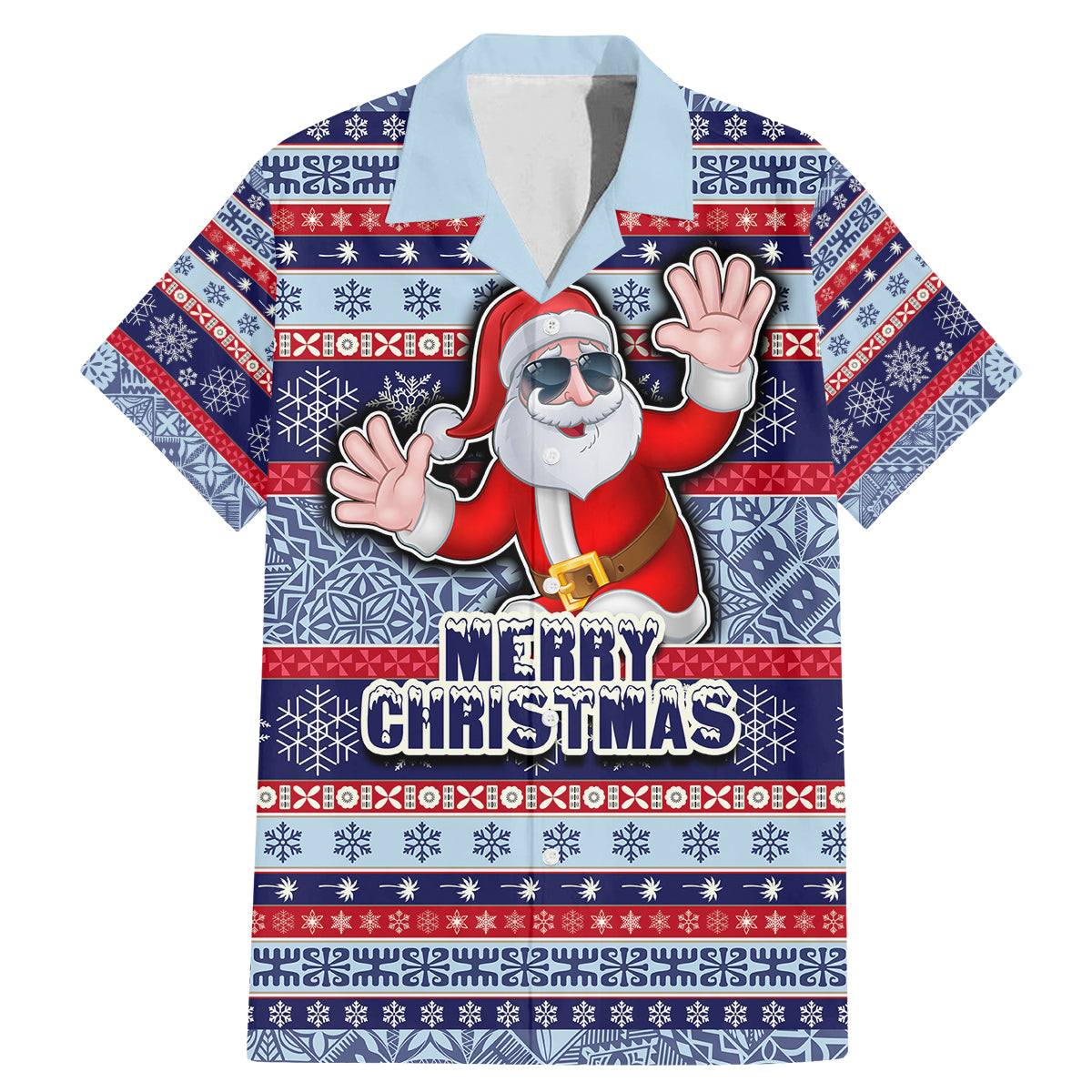 Fiji Christmas Family Matching Mermaid Dress and Hawaiian Shirt Fijian Santa and Coat of Arms Mix Tapa Pattern Striped Style LT03 Dad's Shirt - Short Sleeve Blue - Polynesian Pride