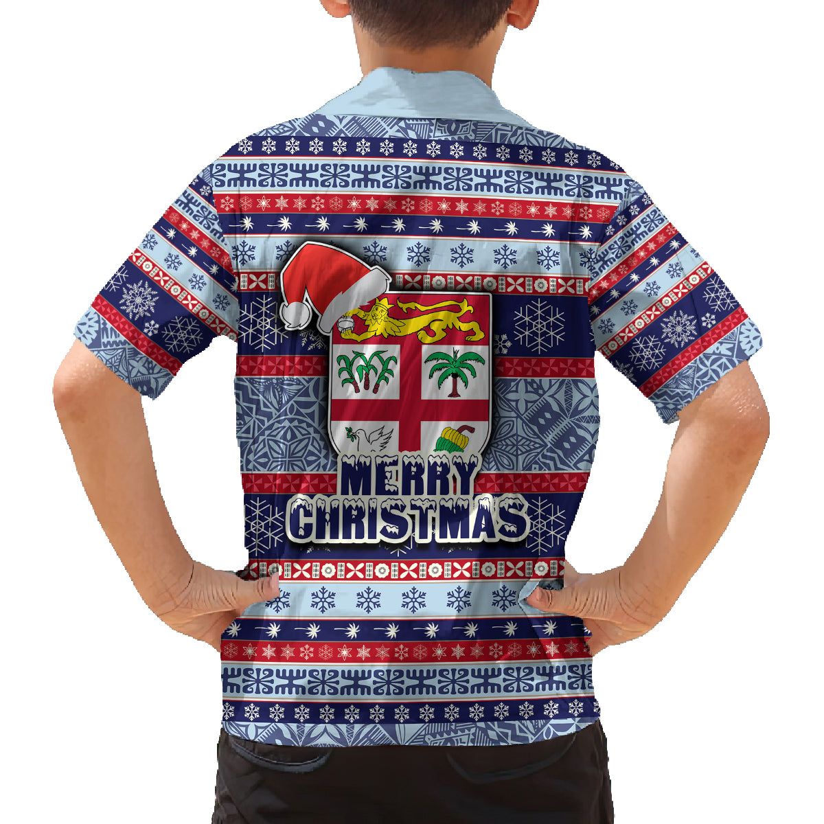Fiji Christmas Family Matching Off Shoulder Long Sleeve Dress and Hawaiian Shirt Fijian Santa and Coat of Arms Mix Tapa Pattern Striped Style LT03 - Polynesian Pride