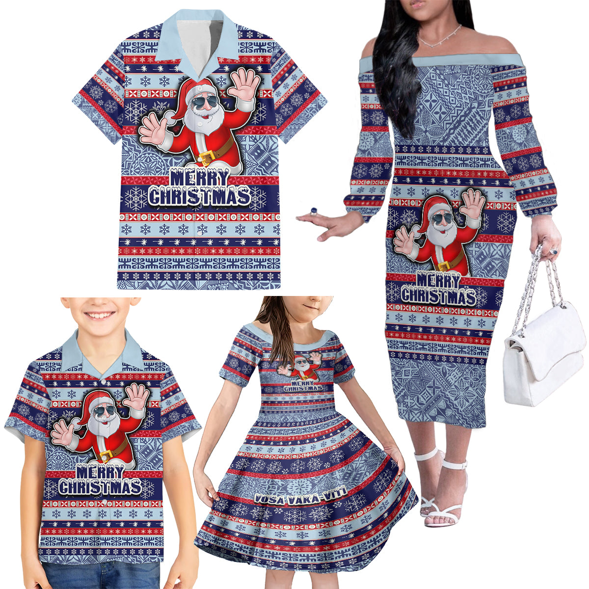 Fiji Christmas Family Matching Off Shoulder Long Sleeve Dress and Hawaiian Shirt Fijian Santa and Coat of Arms Mix Tapa Pattern Striped Style LT03 - Polynesian Pride