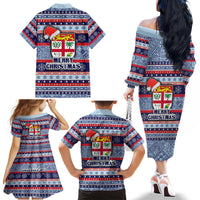 Fiji Christmas Family Matching Off Shoulder Long Sleeve Dress and Hawaiian Shirt Fijian Santa and Coat of Arms Mix Tapa Pattern Striped Style LT03 - Polynesian Pride