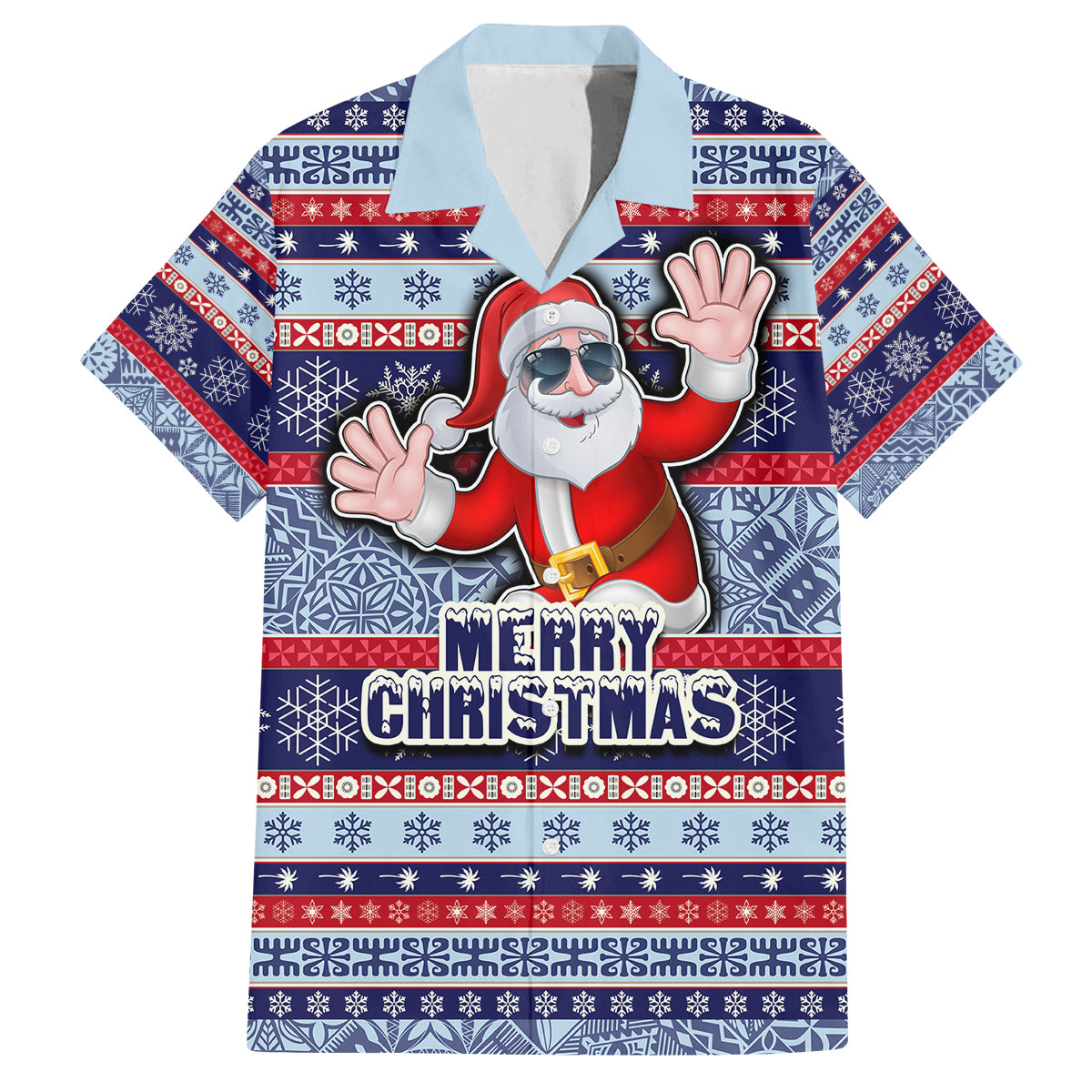 Fiji Christmas Family Matching Off Shoulder Long Sleeve Dress and Hawaiian Shirt Fijian Santa and Coat of Arms Mix Tapa Pattern Striped Style LT03 Dad's Shirt - Short Sleeve Blue - Polynesian Pride