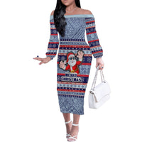 Fiji Christmas Family Matching Off Shoulder Long Sleeve Dress and Hawaiian Shirt Fijian Santa and Coat of Arms Mix Tapa Pattern Striped Style LT03 Mom's Dress Blue - Polynesian Pride