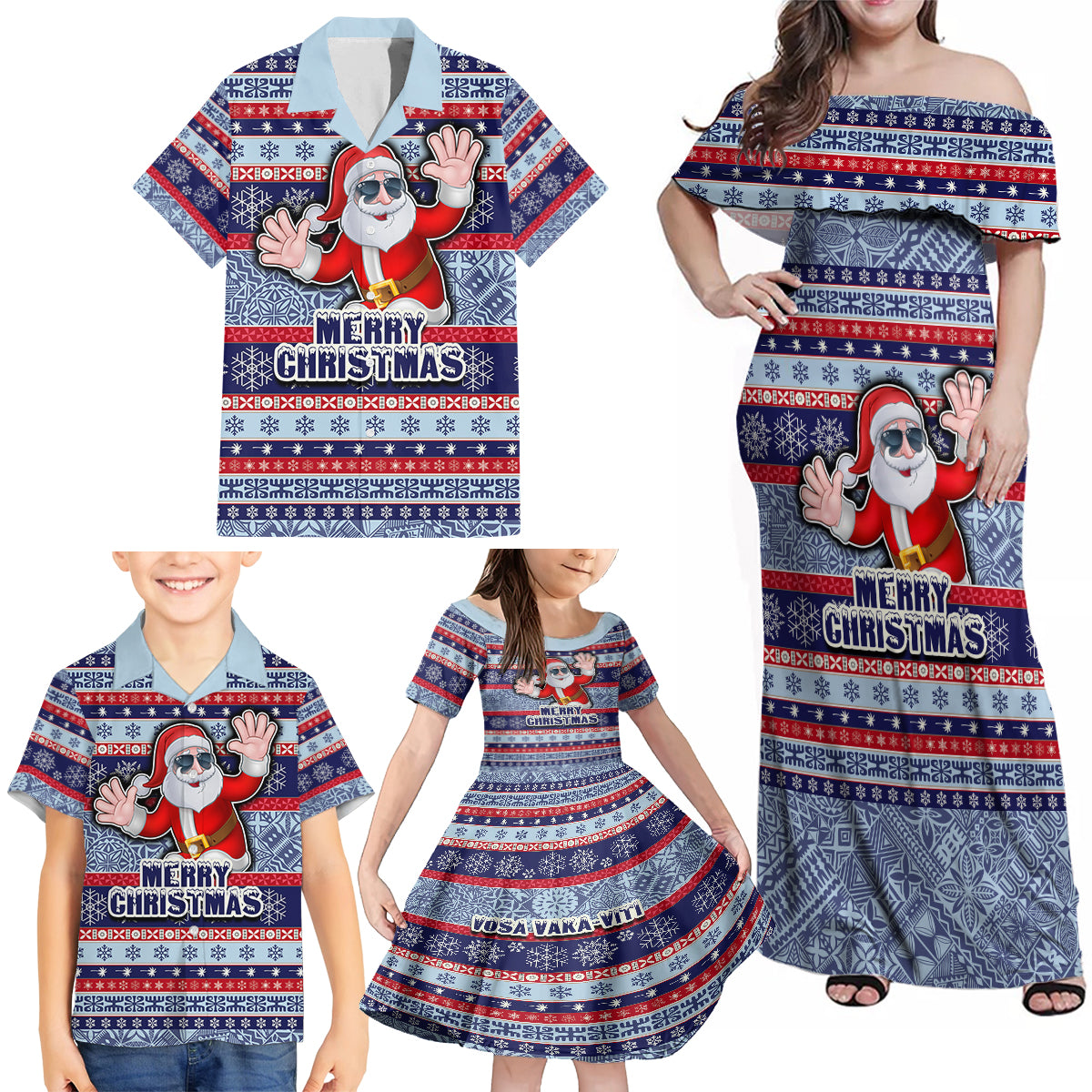 Fiji Christmas Family Matching Off Shoulder Maxi Dress and Hawaiian Shirt Fijian Santa and Coat of Arms Mix Tapa Pattern Striped Style LT03 - Polynesian Pride