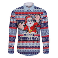 Fiji Christmas Family Matching Off Shoulder Maxi Dress and Hawaiian Shirt Fijian Santa and Coat of Arms Mix Tapa Pattern Striped Style LT03 Dad's Shirt - Long Sleeve Blue - Polynesian Pride