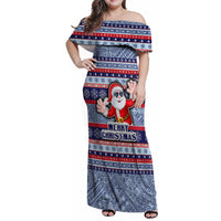 Fiji Christmas Family Matching Off Shoulder Maxi Dress and Hawaiian Shirt Fijian Santa and Coat of Arms Mix Tapa Pattern Striped Style LT03 Mom's Dress Blue - Polynesian Pride