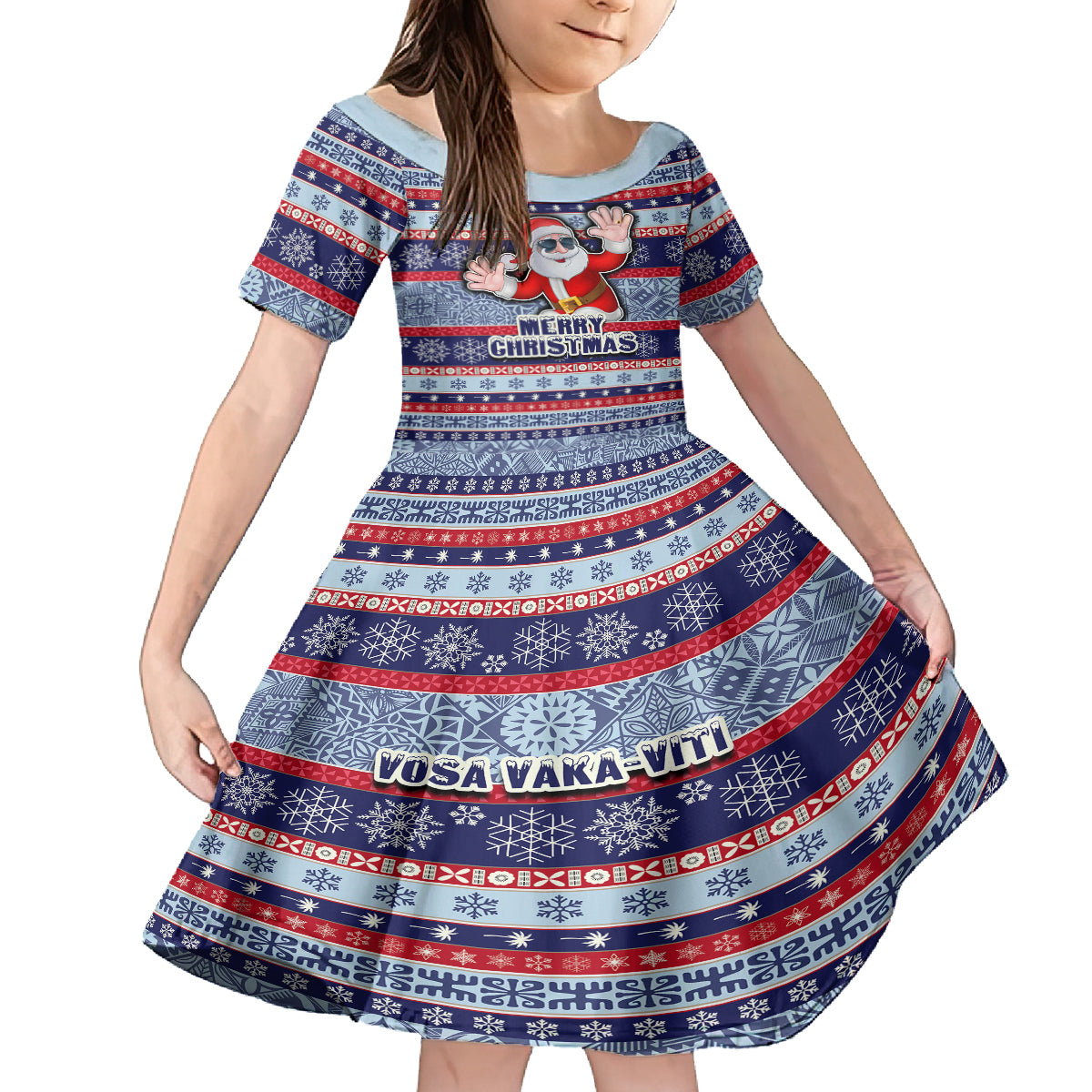 Fiji Christmas Family Matching Off Shoulder Short Dress and Hawaiian Shirt Fijian Santa and Coat of Arms Mix Tapa Pattern Striped Style LT03 Daughter's Dress Blue - Polynesian Pride