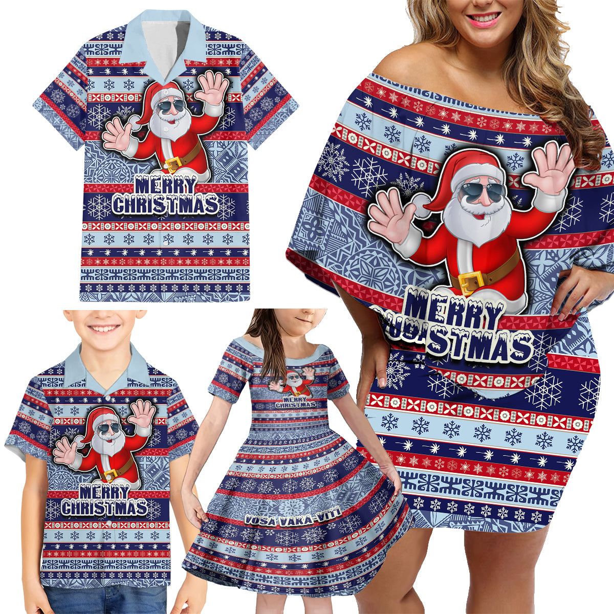 Fiji Christmas Family Matching Off Shoulder Short Dress and Hawaiian Shirt Fijian Santa and Coat of Arms Mix Tapa Pattern Striped Style LT03 - Polynesian Pride