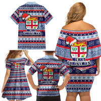 Fiji Christmas Family Matching Off Shoulder Short Dress and Hawaiian Shirt Fijian Santa and Coat of Arms Mix Tapa Pattern Striped Style LT03 - Polynesian Pride