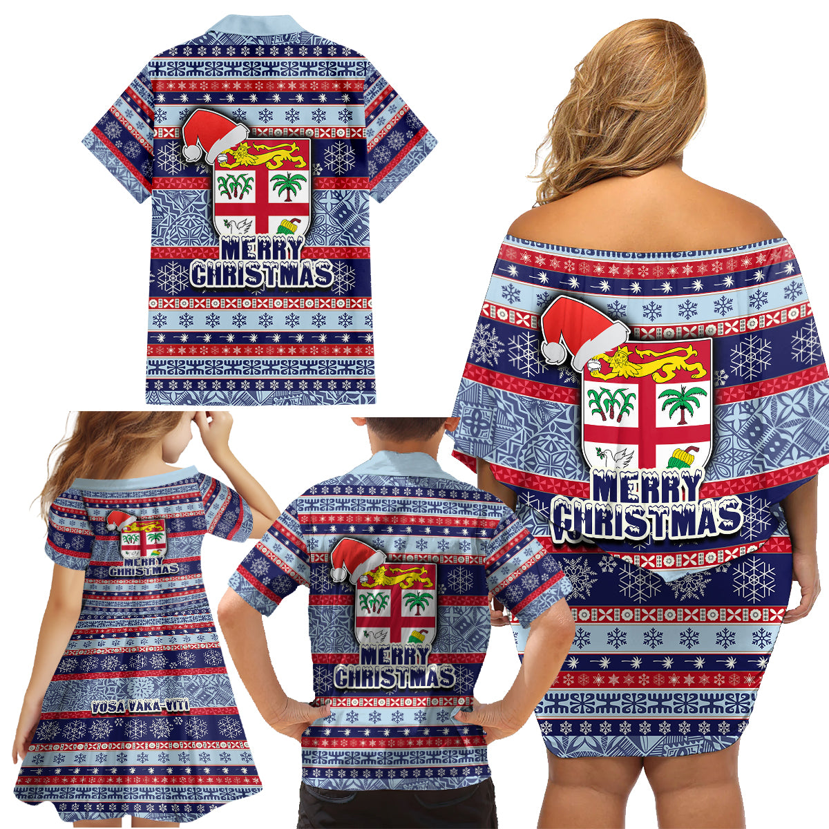 Fiji Christmas Family Matching Off Shoulder Short Dress and Hawaiian Shirt Fijian Santa and Coat of Arms Mix Tapa Pattern Striped Style LT03 - Polynesian Pride
