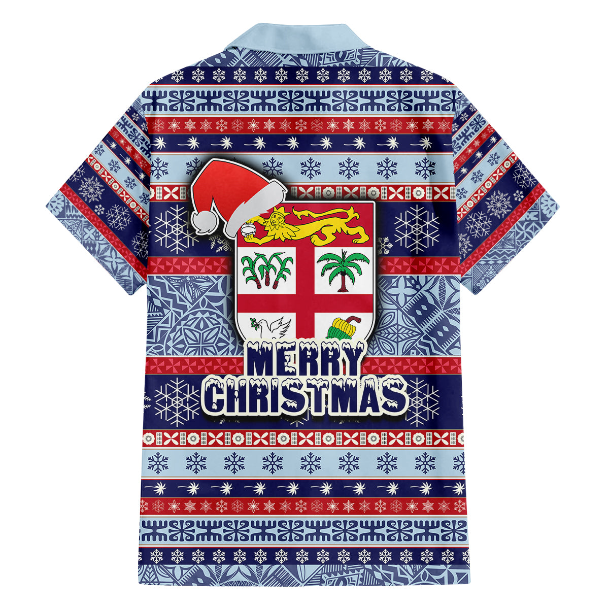 Fiji Christmas Family Matching Off Shoulder Short Dress and Hawaiian Shirt Fijian Santa and Coat of Arms Mix Tapa Pattern Striped Style LT03 - Polynesian Pride