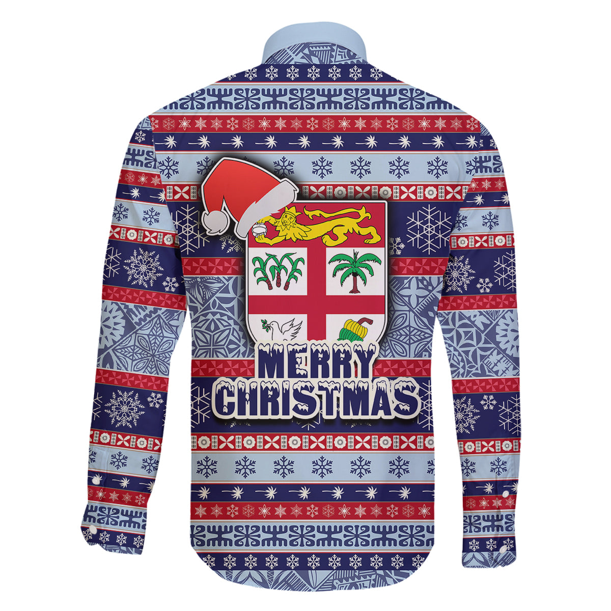 Fiji Christmas Family Matching Off Shoulder Short Dress and Hawaiian Shirt Fijian Santa and Coat of Arms Mix Tapa Pattern Striped Style LT03 - Polynesian Pride