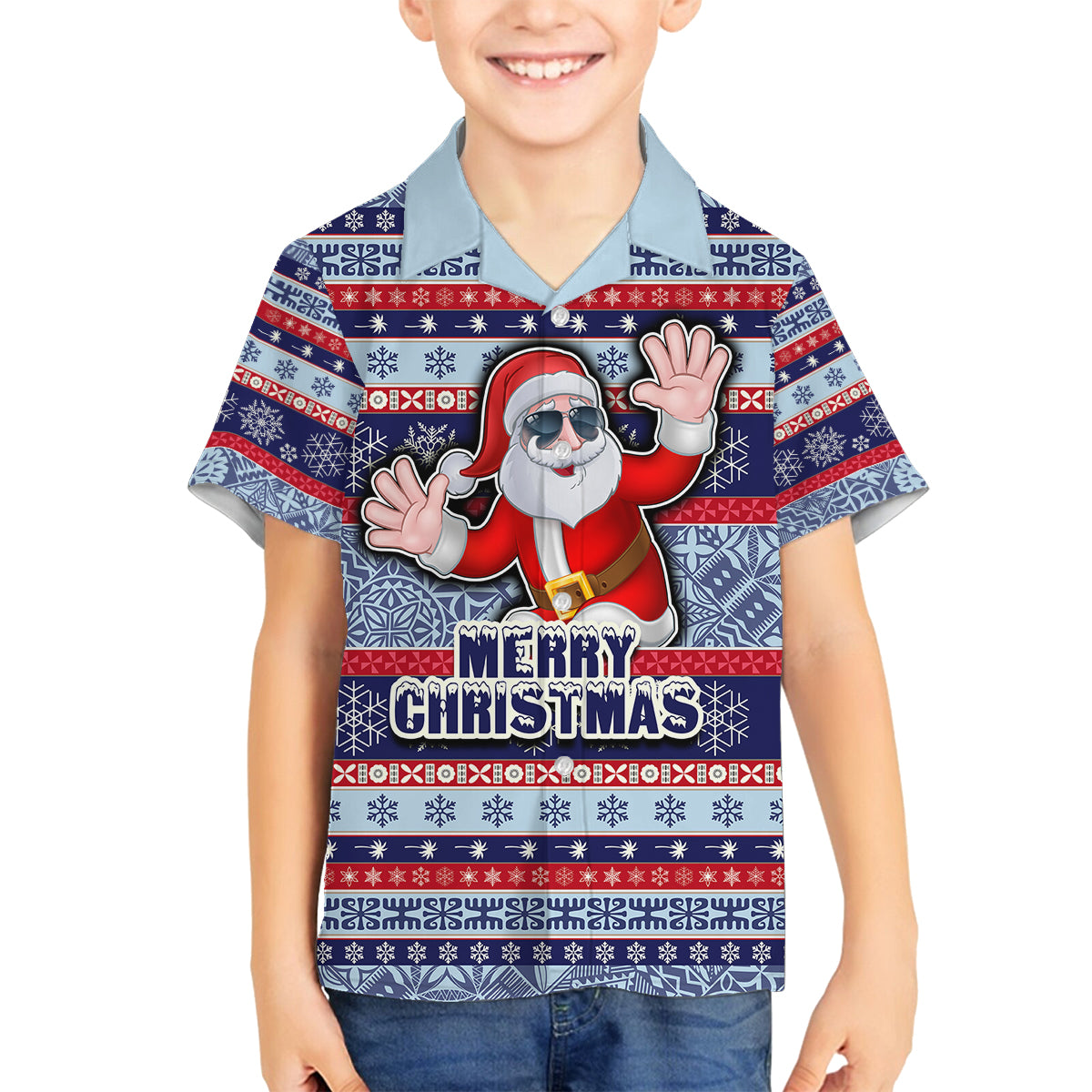 Fiji Christmas Family Matching Off Shoulder Short Dress and Hawaiian Shirt Fijian Santa and Coat of Arms Mix Tapa Pattern Striped Style LT03 Son's Shirt Blue - Polynesian Pride