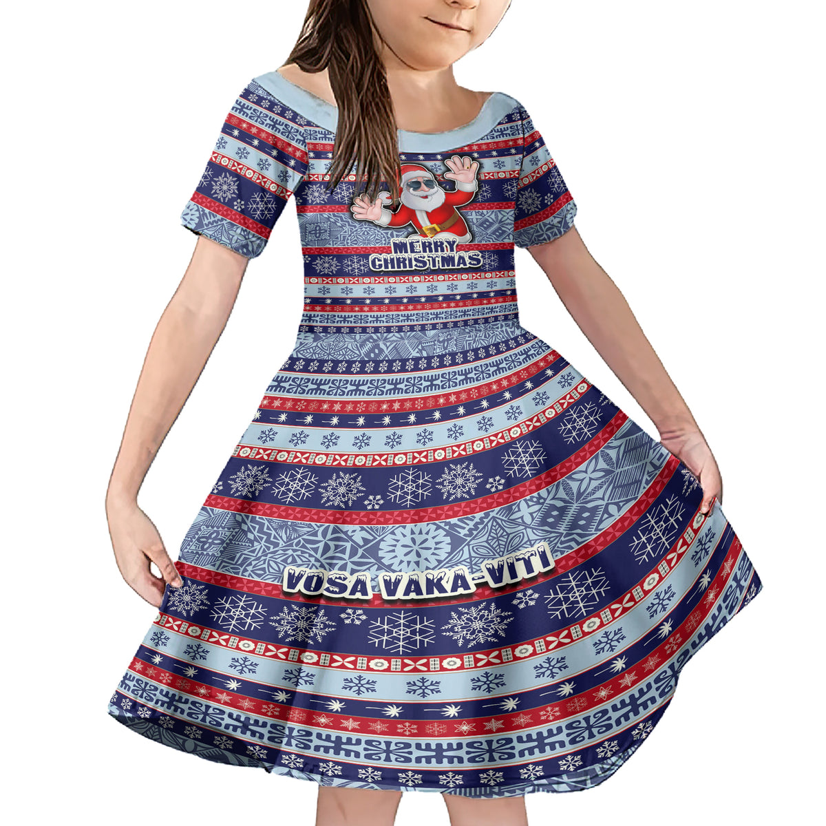 Fiji Christmas Family Matching Short Sleeve Bodycon Dress and Hawaiian Shirt Fijian Santa and Coat of Arms Mix Tapa Pattern Striped Style LT03 Daughter's Dress Blue - Polynesian Pride