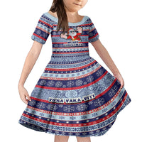 Fiji Christmas Family Matching Short Sleeve Bodycon Dress and Hawaiian Shirt Fijian Santa and Coat of Arms Mix Tapa Pattern Striped Style LT03 Daughter's Dress Blue - Polynesian Pride