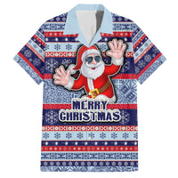 Fiji Christmas Family Matching Short Sleeve Bodycon Dress and Hawaiian Shirt Fijian Santa and Coat of Arms Mix Tapa Pattern Striped Style LT03 Dad's Shirt - Short Sleeve Blue - Polynesian Pride