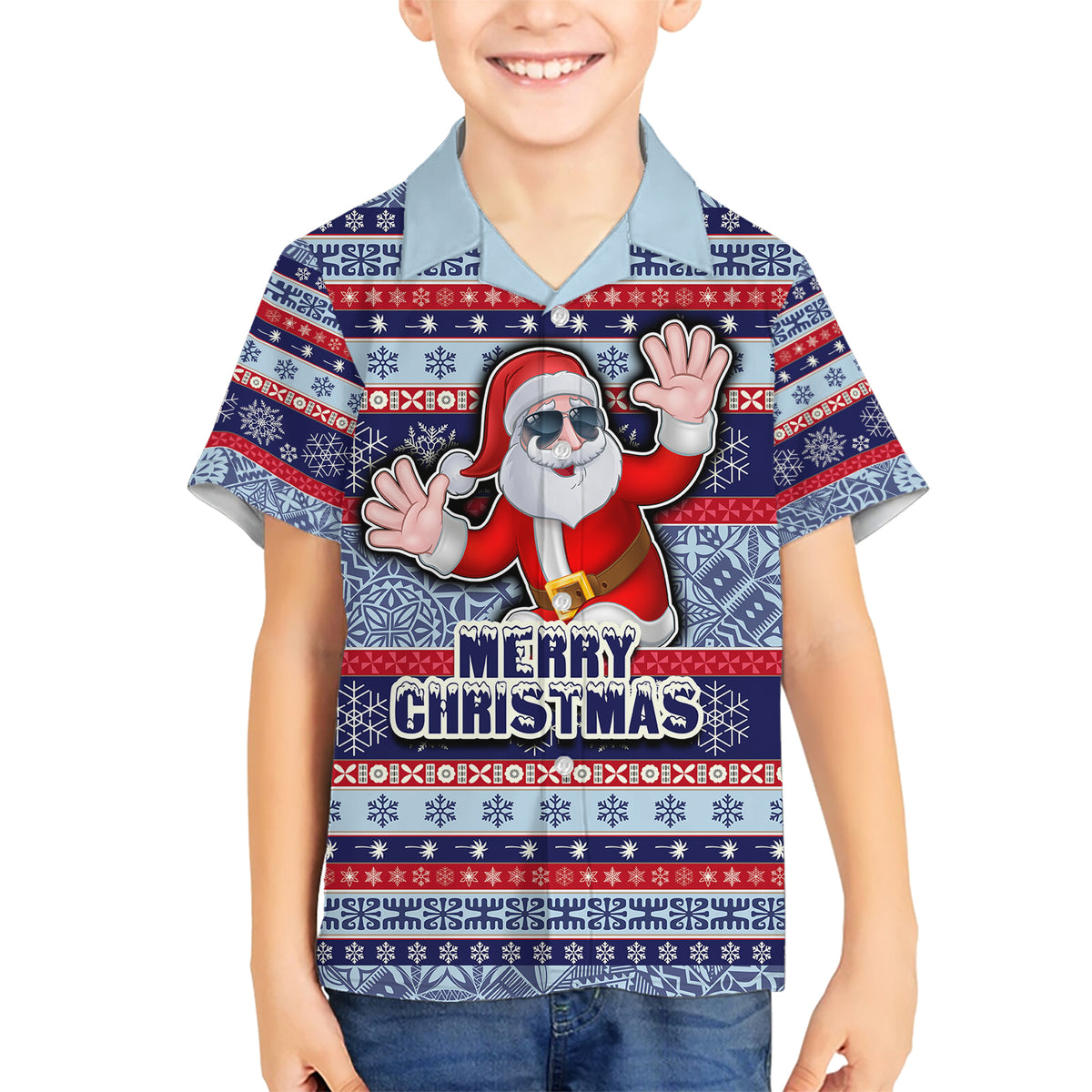 Fiji Christmas Family Matching Short Sleeve Bodycon Dress and Hawaiian Shirt Fijian Santa and Coat of Arms Mix Tapa Pattern Striped Style LT03 Son's Shirt Blue - Polynesian Pride