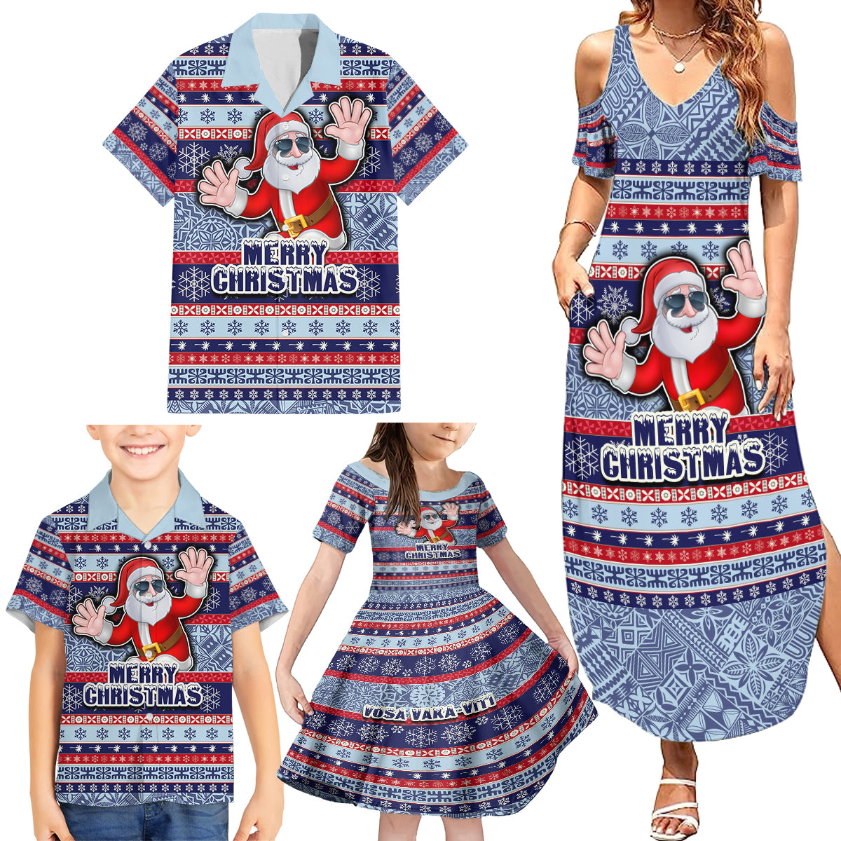 Fiji Christmas Family Matching Summer Maxi Dress and Hawaiian Shirt Fijian Santa and Coat of Arms Mix Tapa Pattern Striped Style LT03 - Polynesian Pride