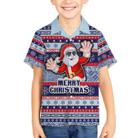 Fiji Christmas Kid Hawaiian Shirt Fijian Santa and Coat of Arms Mix Tapa Pattern Striped Style LT03 Kid Blue - Polynesian Pride
