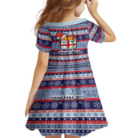 Fiji Christmas Kid Short Sleeve Dress Fijian Santa and Coat of Arms Mix Tapa Pattern Striped Style LT03 - Polynesian Pride