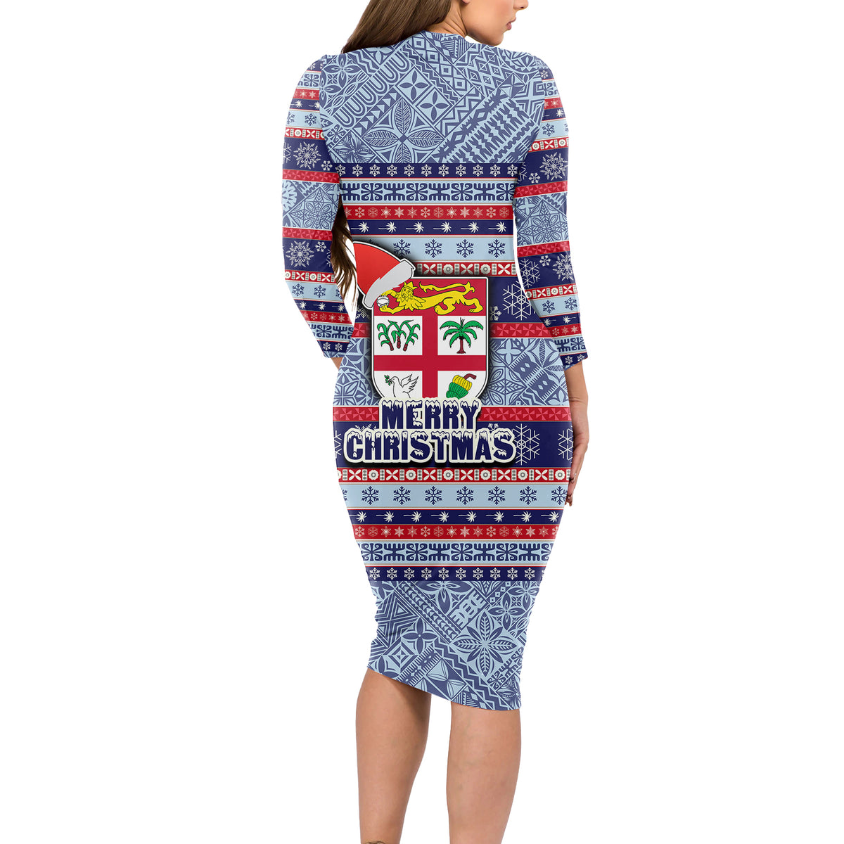 Fiji Christmas Long Sleeve Bodycon Dress Fijian Santa and Coat of Arms Mix Tapa Pattern Striped Style LT03 - Polynesian Pride