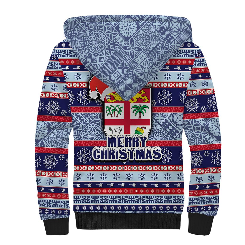 Fiji Christmas Sherpa Hoodie Fijian Santa and Coat of Arms Mix Tapa Pattern Striped Style LT03 - Polynesian Pride