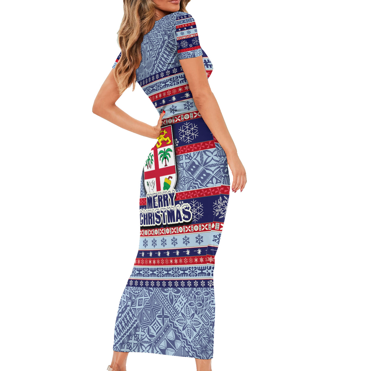 Fiji Christmas Short Sleeve Bodycon Dress Fijian Santa and Coat of Arms Mix Tapa Pattern Striped Style LT03 - Polynesian Pride