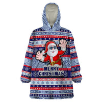 Fiji Christmas Wearable Blanket Hoodie Fijian Santa and Coat of Arms Mix Tapa Pattern Striped Style LT03 One Size Blue - Polynesian Pride