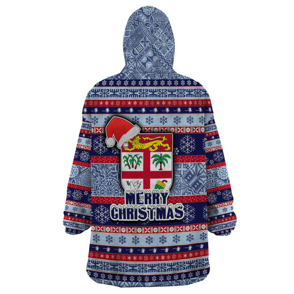 Fiji Christmas Wearable Blanket Hoodie Fijian Santa and Coat of Arms Mix Tapa Pattern Striped Style LT03 - Polynesian Pride