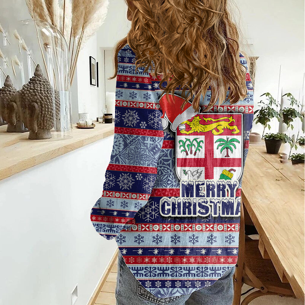 Fiji Christmas Women Casual Shirt Fijian Santa and Coat of Arms Mix Tapa Pattern Striped Style LT03 - Polynesian Pride
