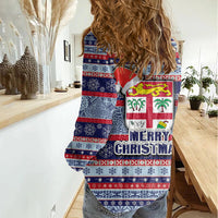 Fiji Christmas Women Casual Shirt Fijian Santa and Coat of Arms Mix Tapa Pattern Striped Style LT03 - Polynesian Pride