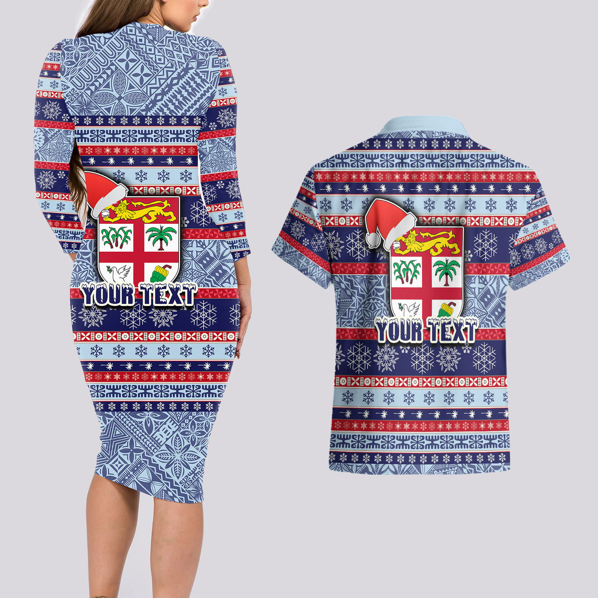 Custom Fiji Christmas Couples Matching Long Sleeve Bodycon Dress and Hawaiian Shirt Fijian Santa and Coat of Arms Mix Tapa Pattern Striped Style LT03 - Polynesian Pride