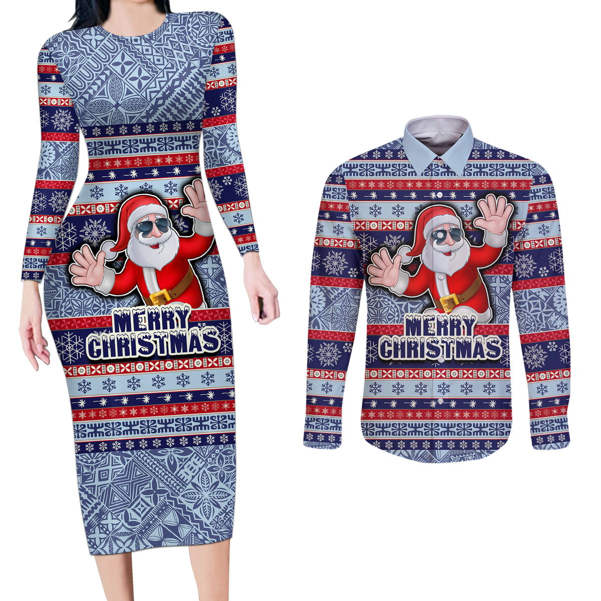 Custom Fiji Christmas Couples Matching Long Sleeve Bodycon Dress and Long Sleeve Button Shirts Fijian Santa and Coat of Arms Mix Tapa Pattern Striped Style LT03 Blue - Polynesian Pride