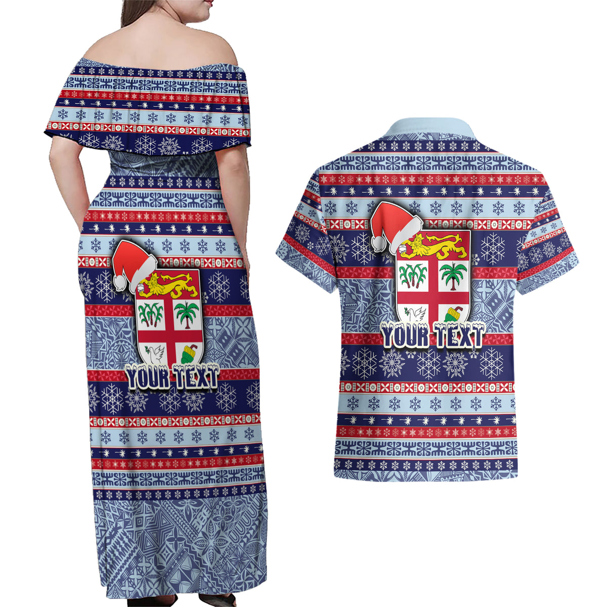 Custom Fiji Christmas Couples Matching Off Shoulder Maxi Dress and Hawaiian Shirt Fijian Santa and Coat of Arms Mix Tapa Pattern Striped Style LT03 - Polynesian Pride