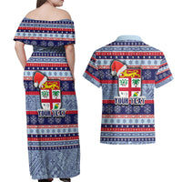 Custom Fiji Christmas Couples Matching Off Shoulder Maxi Dress and Hawaiian Shirt Fijian Santa and Coat of Arms Mix Tapa Pattern Striped Style LT03 - Polynesian Pride
