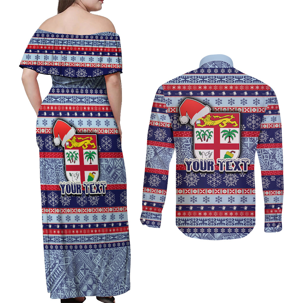 Custom Fiji Christmas Couples Matching Off Shoulder Maxi Dress and Long Sleeve Button Shirts Fijian Santa and Coat of Arms Mix Tapa Pattern Striped Style LT03 - Polynesian Pride
