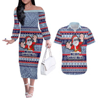 Custom Fiji Christmas Couples Matching Off The Shoulder Long Sleeve Dress and Hawaiian Shirt Fijian Santa and Coat of Arms Mix Tapa Pattern Striped Style LT03 Blue - Polynesian Pride