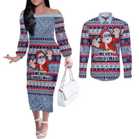 Custom Fiji Christmas Couples Matching Off The Shoulder Long Sleeve Dress and Long Sleeve Button Shirts Fijian Santa and Coat of Arms Mix Tapa Pattern Striped Style LT03 Blue - Polynesian Pride