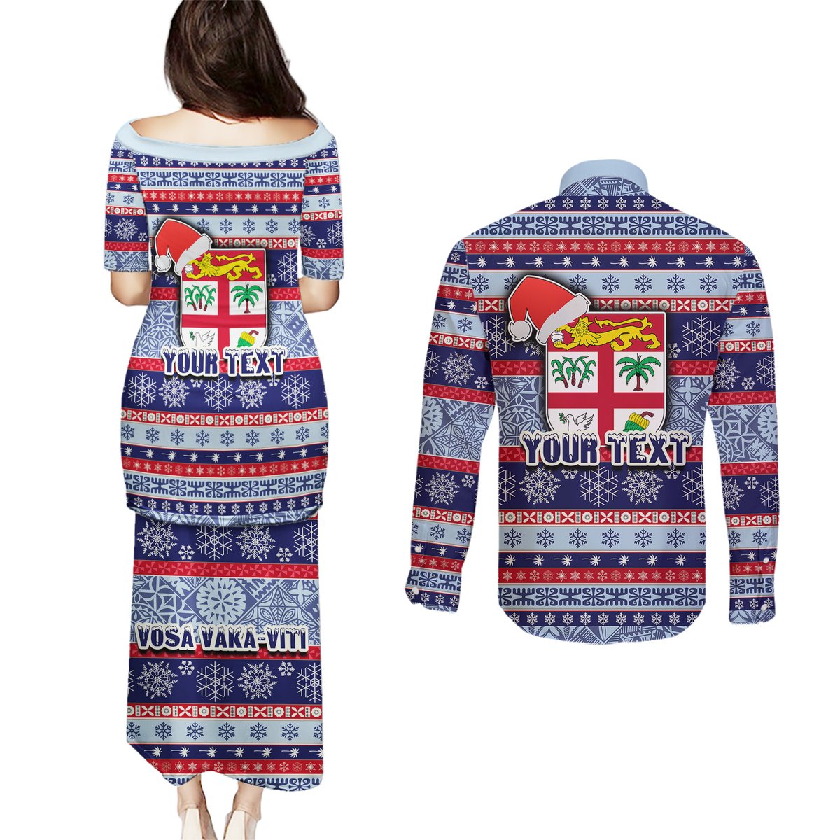 Custom Fiji Christmas Couples Matching Puletasi Dress and Long Sleeve Button Shirts Fijian Santa and Coat of Arms Mix Tapa Pattern Striped Style LT03 - Polynesian Pride