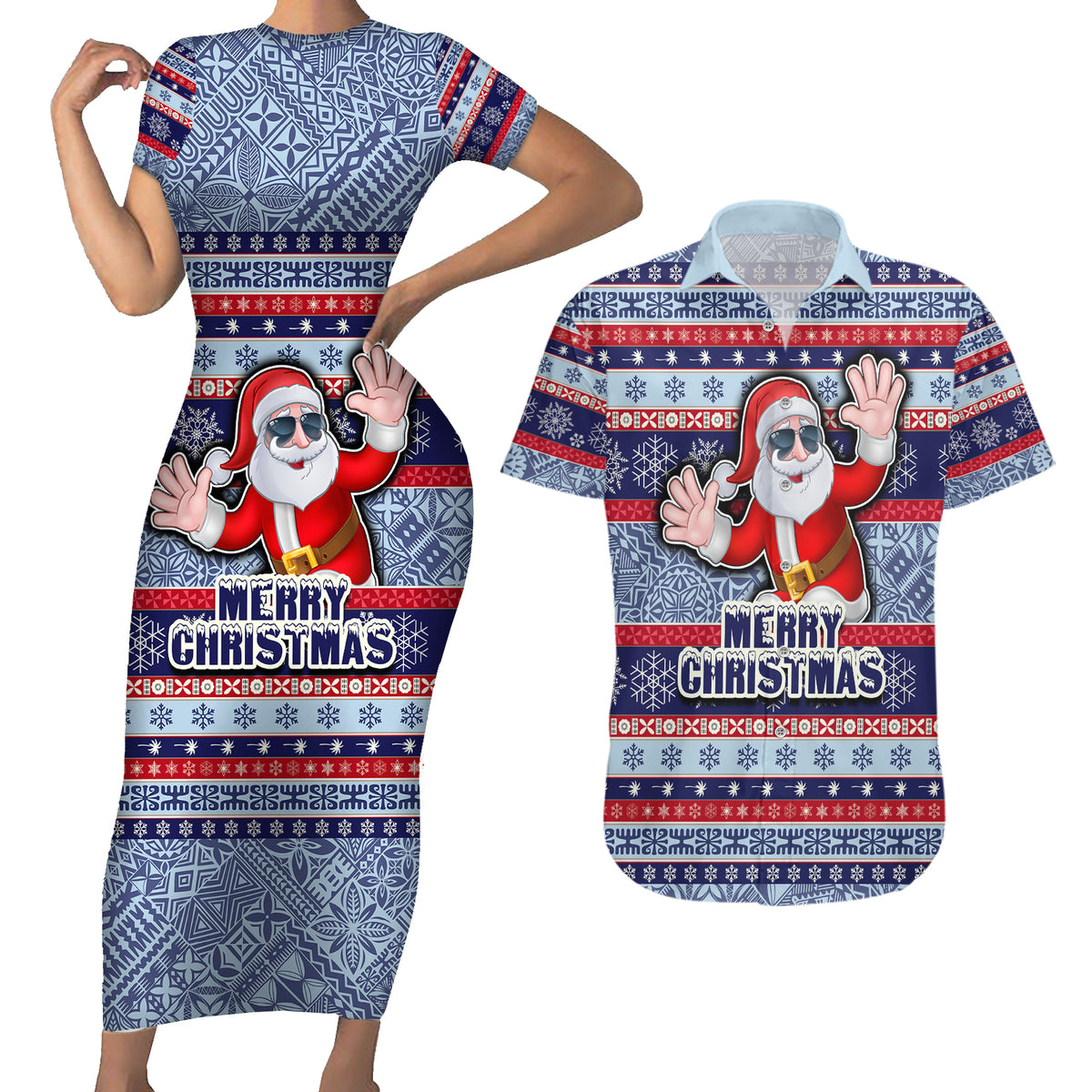 Custom Fiji Christmas Couples Matching Short Sleeve Bodycon Dress and Hawaiian Shirt Fijian Santa and Coat of Arms Mix Tapa Pattern Striped Style LT03 Blue - Polynesian Pride