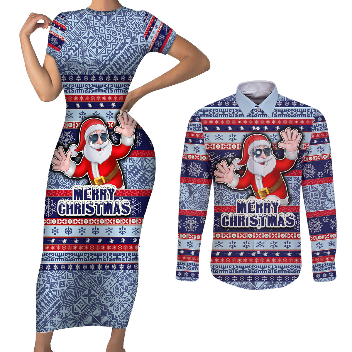 Custom Fiji Christmas Couples Matching Short Sleeve Bodycon Dress and Long Sleeve Button Shirts Fijian Santa and Coat of Arms Mix Tapa Pattern Striped Style LT03 Blue - Polynesian Pride