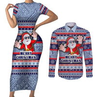 Custom Fiji Christmas Couples Matching Short Sleeve Bodycon Dress and Long Sleeve Button Shirts Fijian Santa and Coat of Arms Mix Tapa Pattern Striped Style LT03 Blue - Polynesian Pride