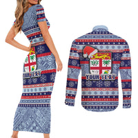 Custom Fiji Christmas Couples Matching Short Sleeve Bodycon Dress and Long Sleeve Button Shirts Fijian Santa and Coat of Arms Mix Tapa Pattern Striped Style LT03 - Polynesian Pride