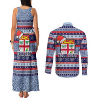 Custom Fiji Christmas Couples Matching Tank Maxi Dress and Long Sleeve Button Shirts Fijian Santa and Coat of Arms Mix Tapa Pattern Striped Style LT03 - Polynesian Pride