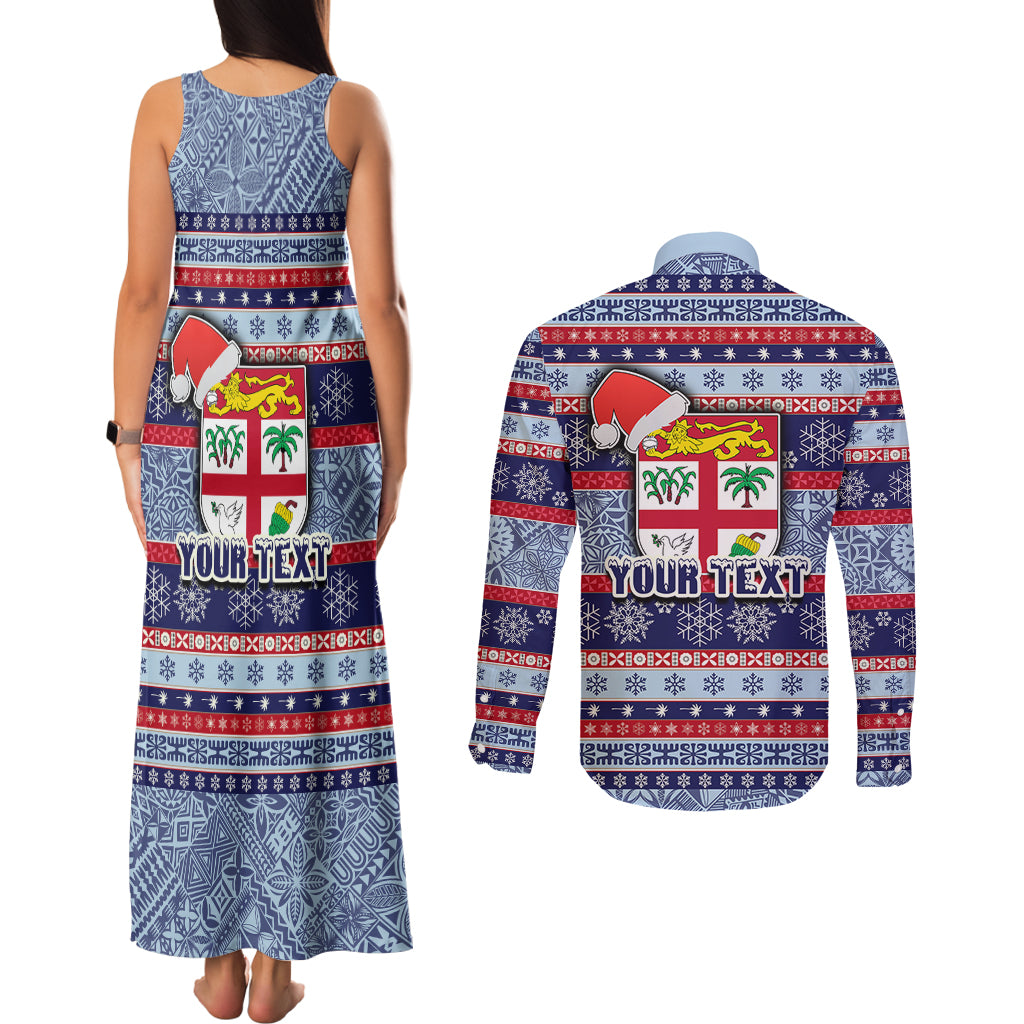 Custom Fiji Christmas Couples Matching Tank Maxi Dress and Long Sleeve Button Shirts Fijian Santa and Coat of Arms Mix Tapa Pattern Striped Style LT03 - Polynesian Pride