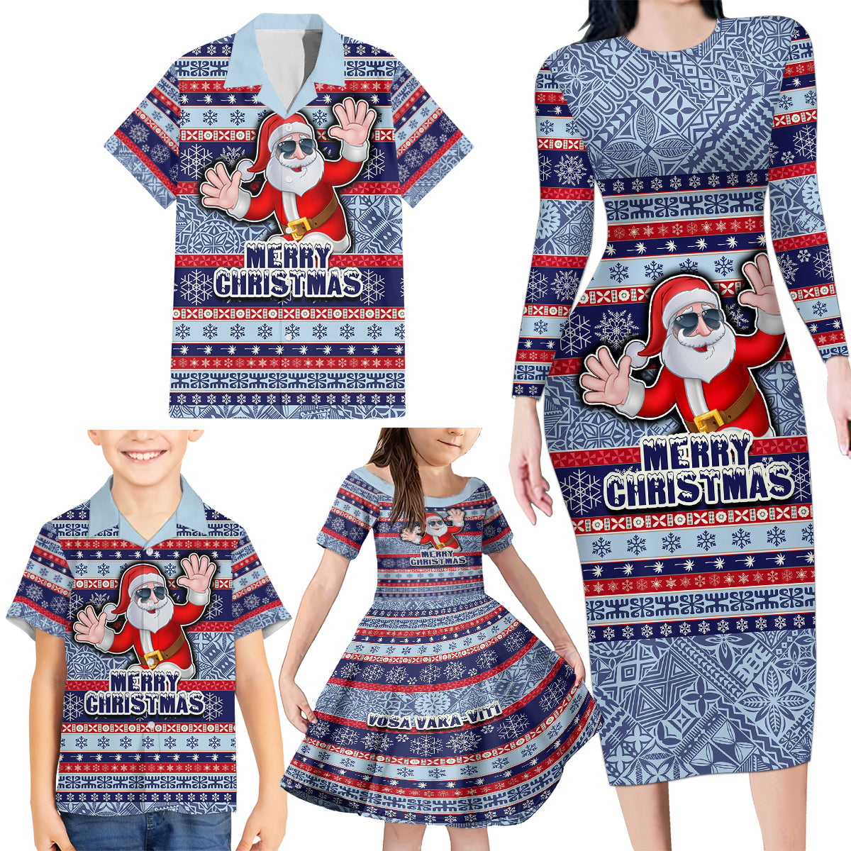 Custom Fiji Christmas Family Matching Long Sleeve Bodycon Dress and Hawaiian Shirt Fijian Santa and Coat of Arms Mix Tapa Pattern Striped Style LT03 - Polynesian Pride