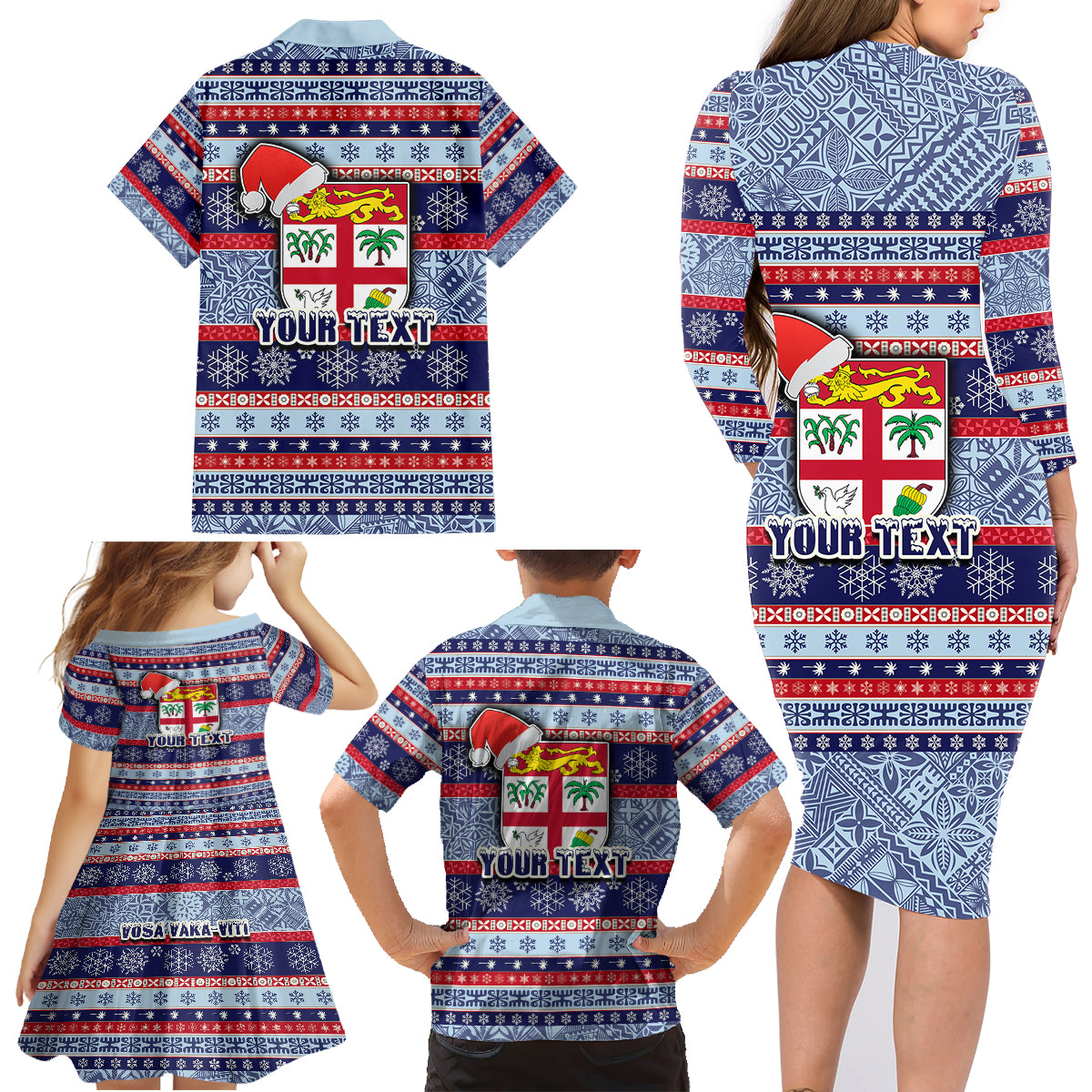 Custom Fiji Christmas Family Matching Long Sleeve Bodycon Dress and Hawaiian Shirt Fijian Santa and Coat of Arms Mix Tapa Pattern Striped Style LT03 - Polynesian Pride